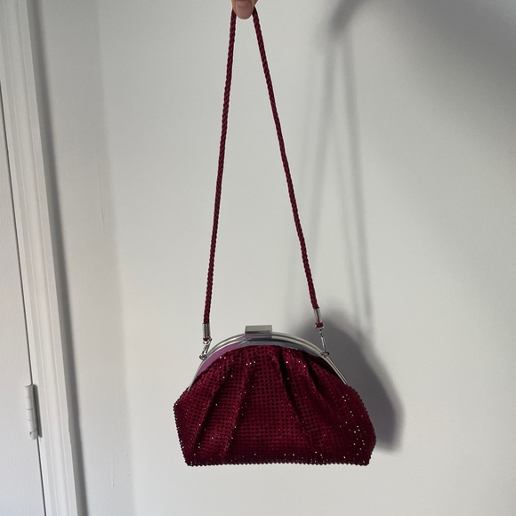Burgundy rhinestone vintage clutch bag with silver hardware - Picture 3 of 5
